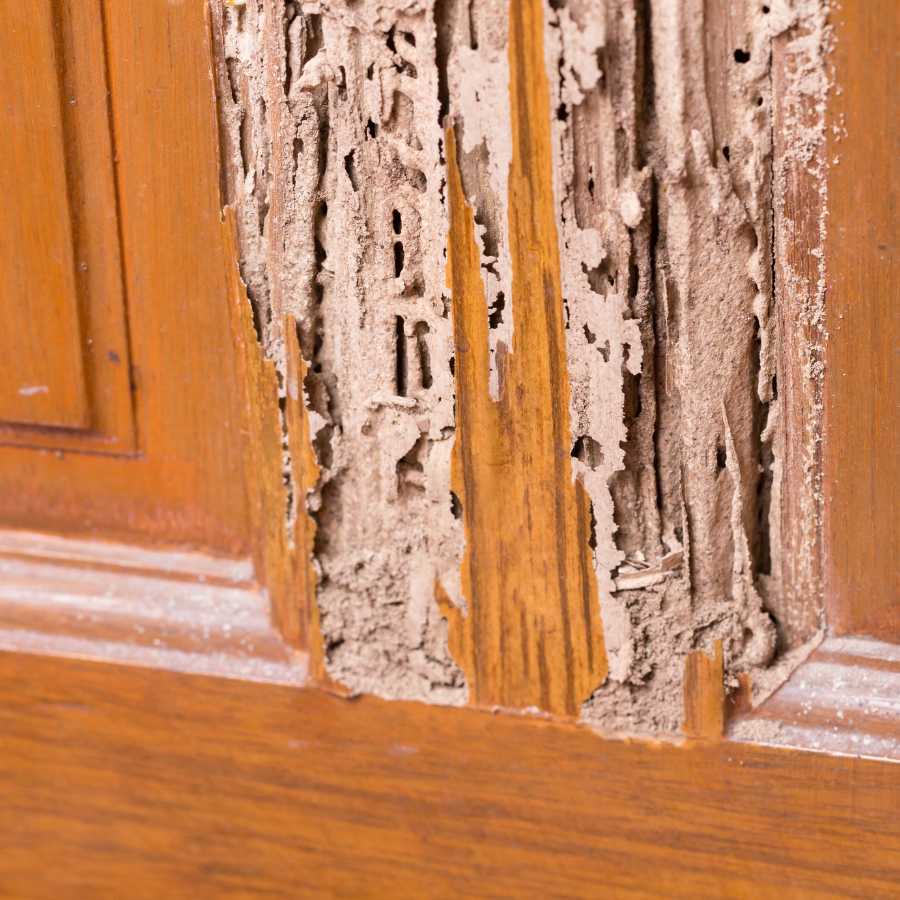 Termite Control severe termite damage on a wooden surface, showing hollowed and crumbling wood caused by infestation