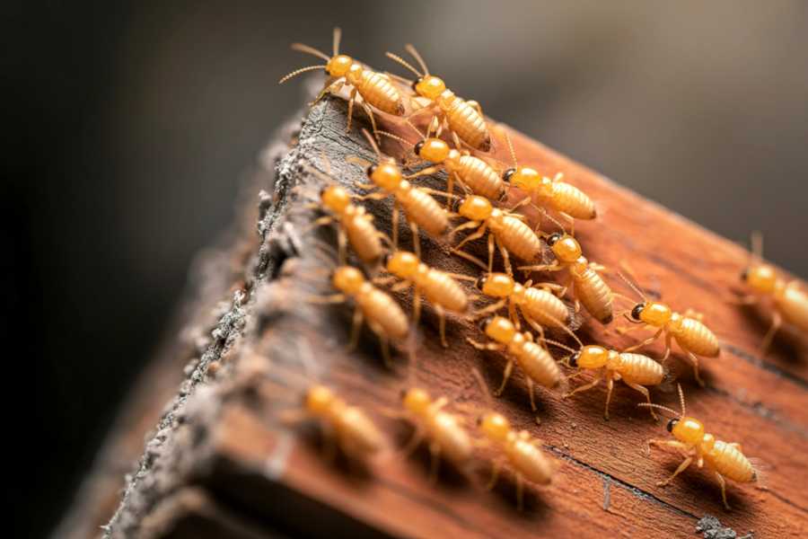 Termite Control close-up of termites crawling on damaged wood, highlighting active infestation signs