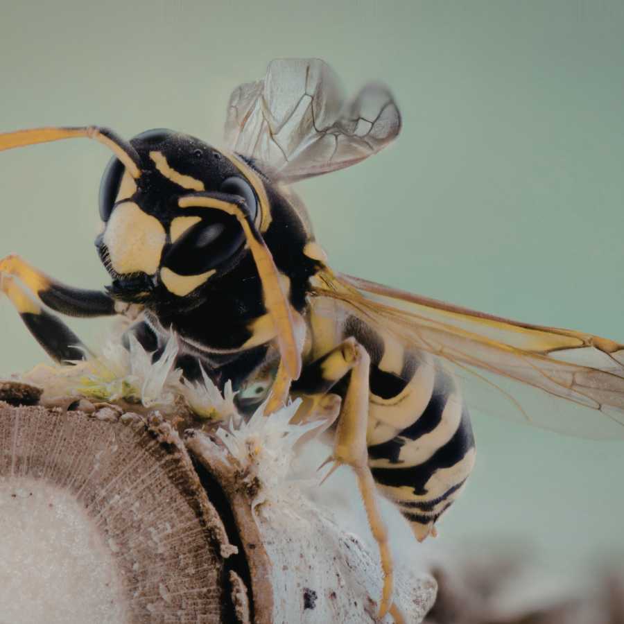 Close-up of a yellowjacket Removal on a wooden surface, highlighting stinging insect identification